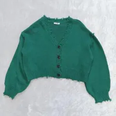 グリーン Vネック クロップドカーディガン ダメージ加工 M