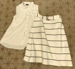 アイボリー×ネイビー ストライプ ベルト付き 台形スカート