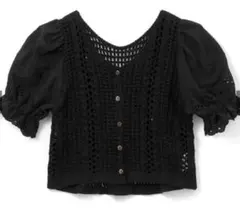 GRLレーススリーブVネック透かし編みニットカーディガン ブラック Mサイズ