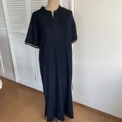 黒 ポロ半袖ロングワンピース ボタン付き