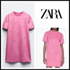 【ザラ/ZARA】ワンピース　ピンク　ビジュー付き　フェイクスエード M 手洗い