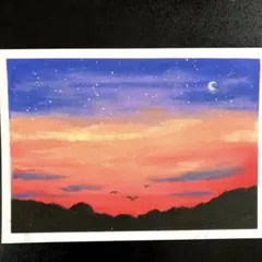 カルガモ親子と星空 風景画 オイルパステル画 原画 ハガキサイズ 絵画