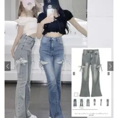 GRL サイドカットアウトレースリボンフレアデニムパンツkz742 Lサイズのサムネイル