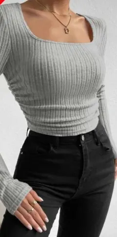 SHEIN グレーリブ編み スクエアネック 長袖