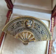 スペイン 象嵌細工 ダマスキナード扇形 ブローチ ヴィンテージ 工芸品