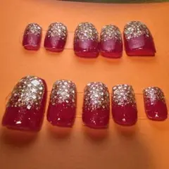 ピンクグラデーションネイルチップセットゴールドラメ オーバル普通丈