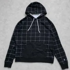 Champion パーカー 2XL 黒 総柄 グリッド チェック ロゴ 裏起毛