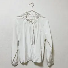 【美品】ホワイト フリルブラウス L 日本製　11号ポリエステル100%