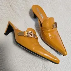 美品✨PRADA バックル ミュール 37 レザーサンダル オレンジ プラダ