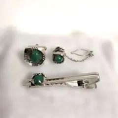 美品⚫カフスボタン　ネクタイピン　タイタックピン　グリーンストーン　ヴィンテージ