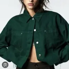 ZARA ダークグリーン デニムジャケット　オーバーフィット　クロップド