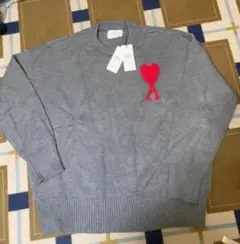 AMI PARIS グレー ニットセーター ハート刺繍 男女兼用M22