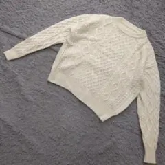 ★b2656 無印良品【M】アイボリー ケーブルニットセーター ウール100%