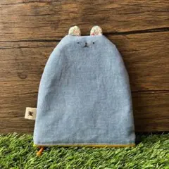 【くまが生やせるぺたんこポーチ】オリジナルハンドメイドクマ小物入れ　ダンガリー布