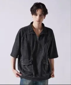 新品タグ付きCLELヴィンテージデザイン 半袖ハーフジップTシャツ ブラック S
