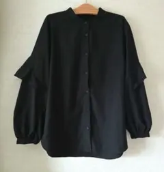 ブラック フリル付きスタンドカラーシャツ　GU サイズL