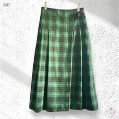 GU チェック柄 プリーツスカート ベルト付き Mサイズ グリーン系