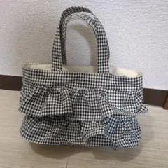 ハンドメイド 黒色ギンガムチェック（1センチ）フリル付き レッスン