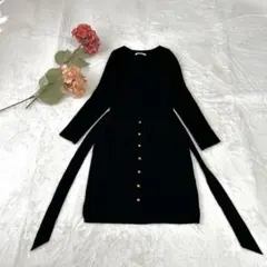 ロイヤルパーティー 金ボタン リブニットワンピース ロング ウエストリボン F