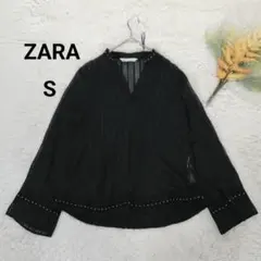 ザラ シースルーブラウス(S)黒ストライプ ビジュー バンドカラー ポリエステル