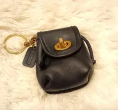 美品✨COACH ネイビーレザー コインケース　ターンロック　 キーホルダー付き