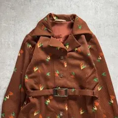 昭和レトロ パターン柄ブラウン ロングワンピース共布ベルト付きMサイズ