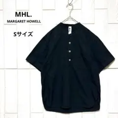 MARGARET HOWELL コットンリネン バンドカラー 半袖シャツ 黒 Sのサムネイル