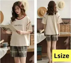 人気♥ルームウェア 上下 セット レディース 部屋着 半袖チェック柄 ベージュ