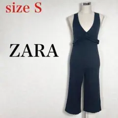 ZARAザラ ストライプ ストレッチ入りフリルリブニットオールインワン S