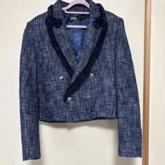 ZARA ツイード ダブルジャケット ネイビー　クロップド　ショート丈　S