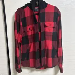 EXPRESS　フランネルシャツ　M　フード付き　ブロックチェック　レッド　古着