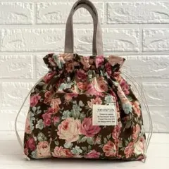 巾着バッグ　外ポケット　少し小さめ(薔薇柄　ピンク　ブラウン) ハンドメイド