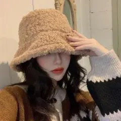 バケットハット　帽子　ブラウン もこもこ ボア ベージュ 韓国　冬　防寒