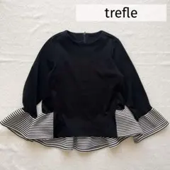 trefle ペプラムボーダートップス 袖フレア ブラック 黒 トレフル