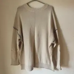 ○LOWRYSFARM/刺繍ライン入り長袖ニット/アイボリー/F○