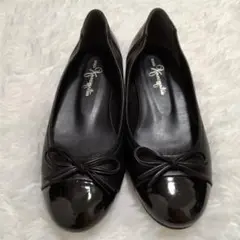 銀座かねまつ バレエ シューズ リボン パンプス 25.5cm 黒 レザー