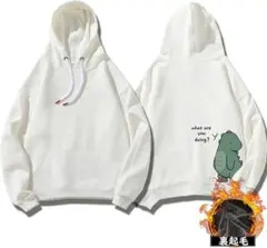 パーカー Ꮪサイズ ホワイト 裏起毛 男女兼用 恐竜 オシャレ コットン素材
