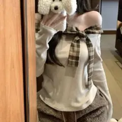 チェック柄リボンオフショルダートップス[ks162]