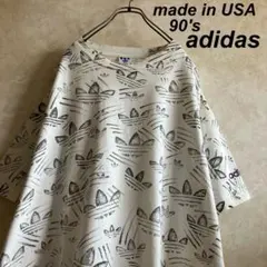 希少 90's USA製 アディダス トレフォイル総柄tシャツ 白 XL