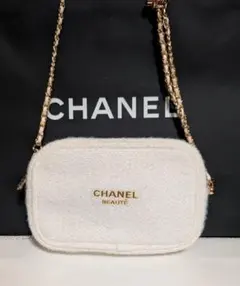 CHANEL チェーンショルダーツイードポーチ ホワイトラメ
