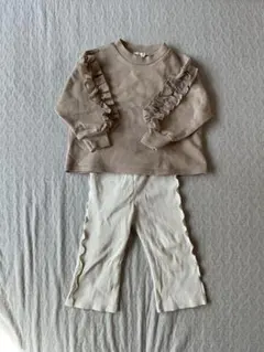 ペアマノン 袖フリルトレーナー&プティマイン リブメロウパンツ 2着セット