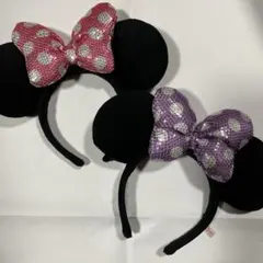 ディズニー ミニー カチューシャ スパンコール ピンク 紫 2点セット