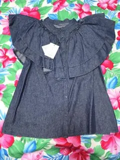 デニム生地 フリル付きダークブルー ノースリーブ 半袖シャツ