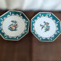 九谷焼　八角形 花と鳥の絵柄 皿 2枚