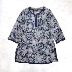 総柄ワンピース　シルク100% M 紺　レース　スリット　薄手　ゆったり　レトロ