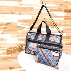 【レスポートサック】トライバル柄 パッチワーク ボストンバッグ グレー×ベージュ