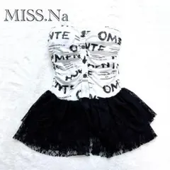 【Miss.Na】ベアトップ ミニドレス 裾レース バイカラー 総柄