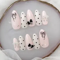 195♡ ネイルチップ　ワンホン　フレンチガーリー ちゅるん　韓国　リボンネイル