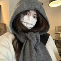 バラクラバ フード付きマフラー グレー アクリル ニット スヌード　防寒