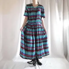 USA製 80s 90s ヴィンテージワンピース 幾何学柄 昭和レトロ XL